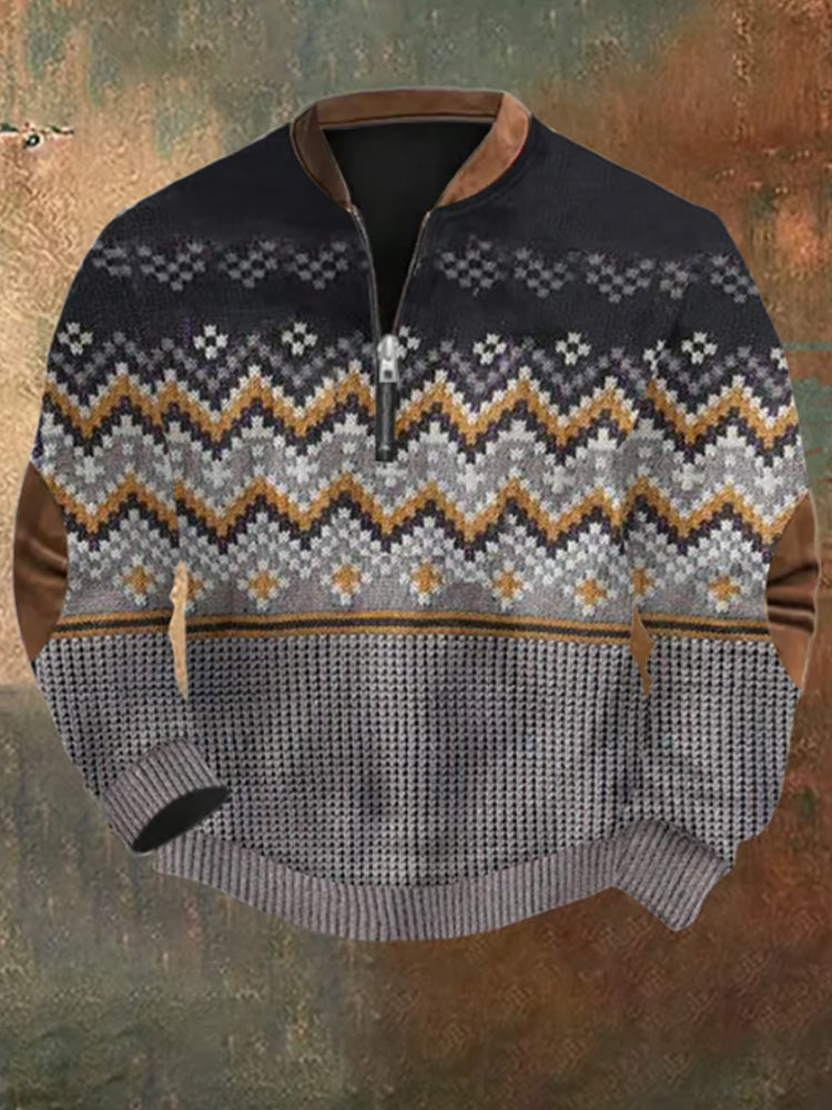 Men's Retro Christmas Print Zip Collar Sweatshirt elevenforest