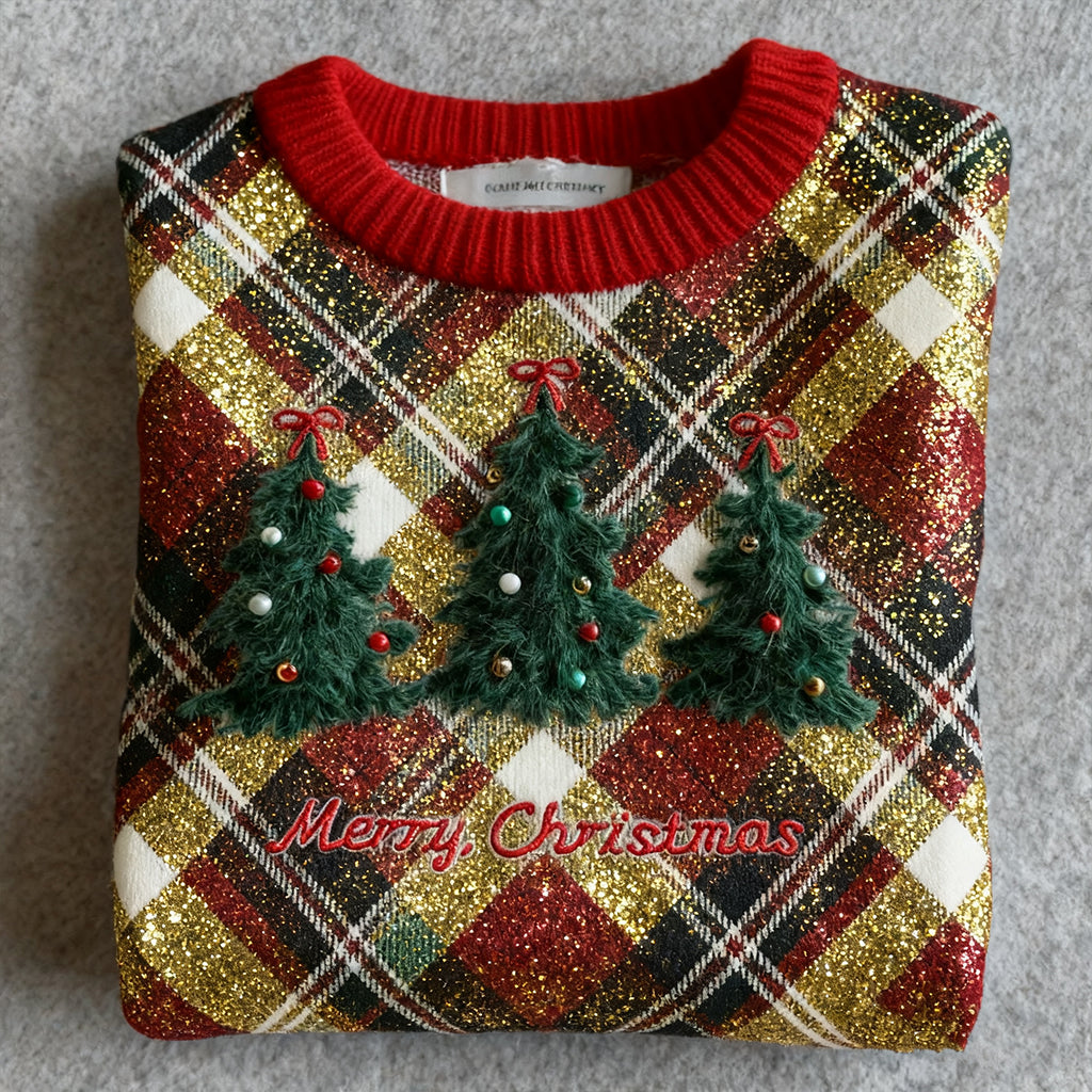 Women's Christmas Tree Check Knit Crew Neck Sweater artswardrobe