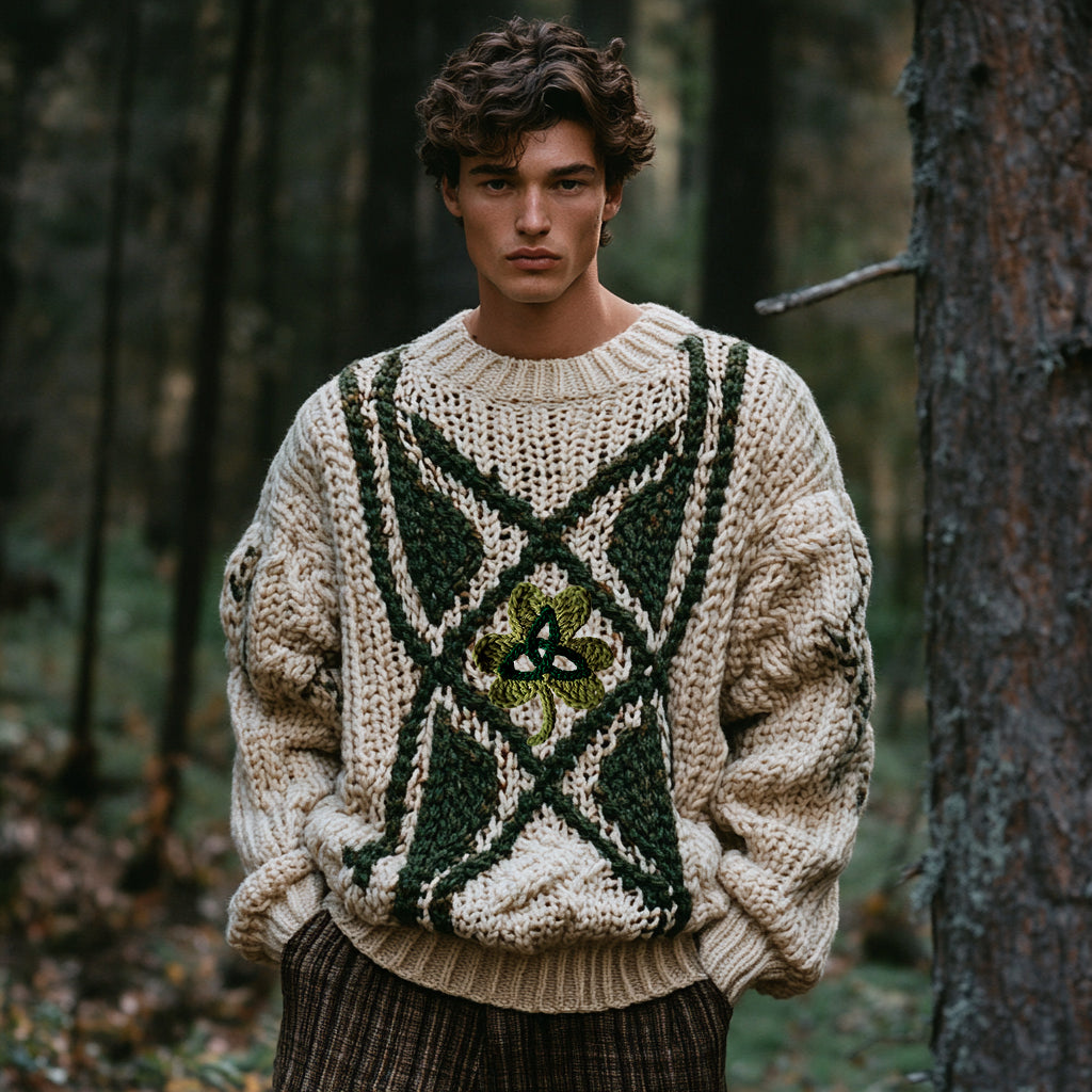 Men's Irish Celtic Knotted Shamrock Knit Jacquard Sweater elevenforest