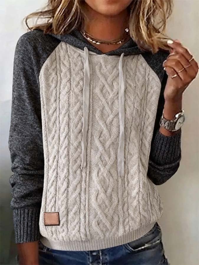 Women'S Casual Pullover Stitching Knitted Sweater Hooded Sweatshirt