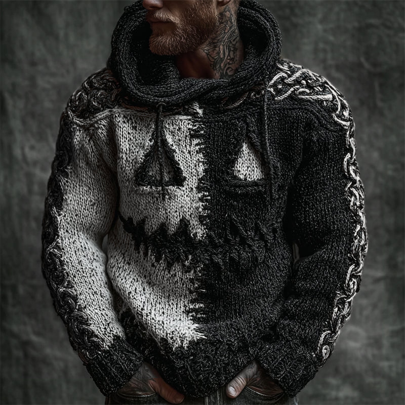 Men's Halloween Pumpkin Face Contrast Stitched Cozy Knit Hooded Sweater artswardrobe