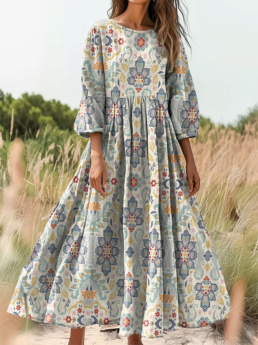 Women's Ethnic Bohemian Totem Art Print Flowy Cotton Crew Neck Dress