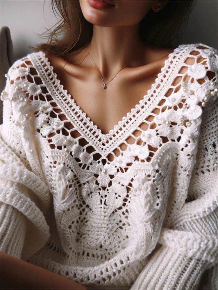 Vintage Floral Lace Pearls Beaded Crochet Sweater artswardrobe