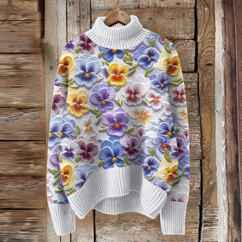Vintage Purple Floral Art Knit Turtleneck Pullover Sweater elevenforest