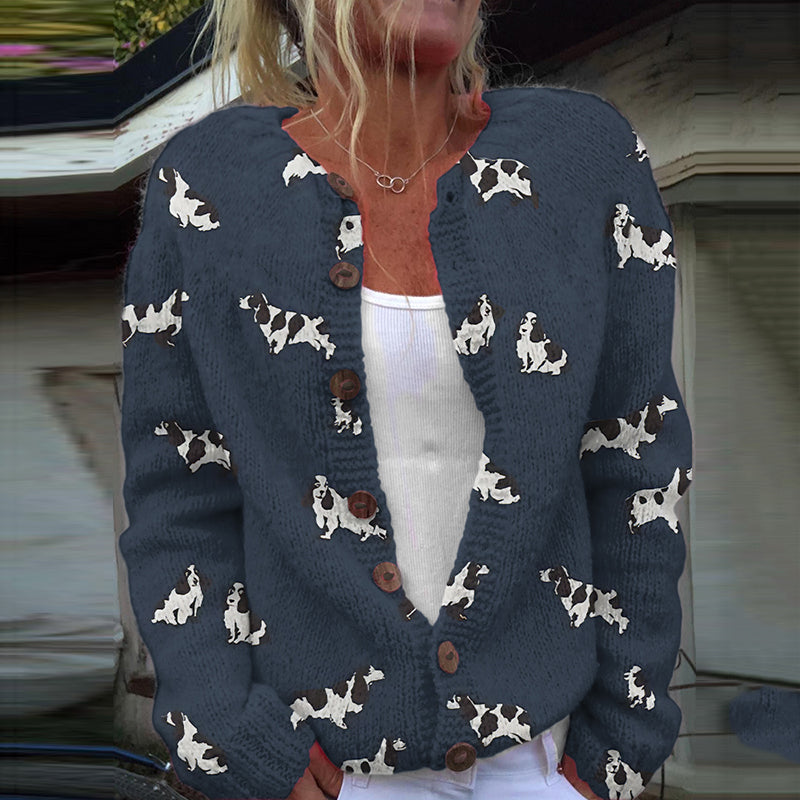 Comstylish Dog Print Long Sleeve Knitted Cardigan