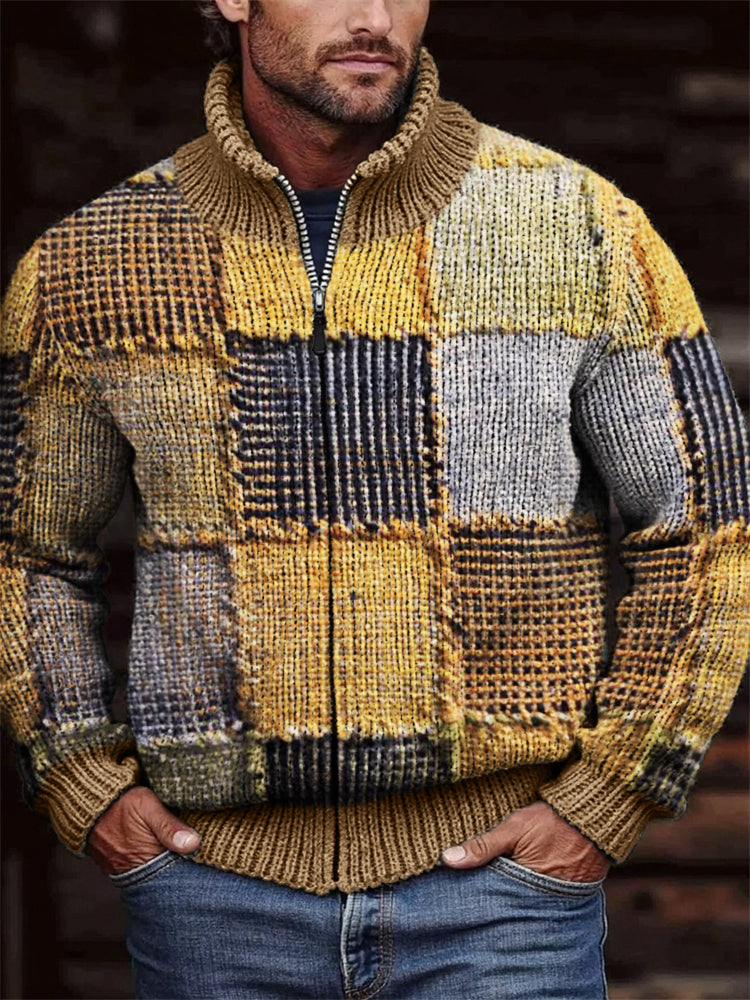 Men's Retro Colorblock Patchwork Stitched Cozy Zip Cardigan elevenforest