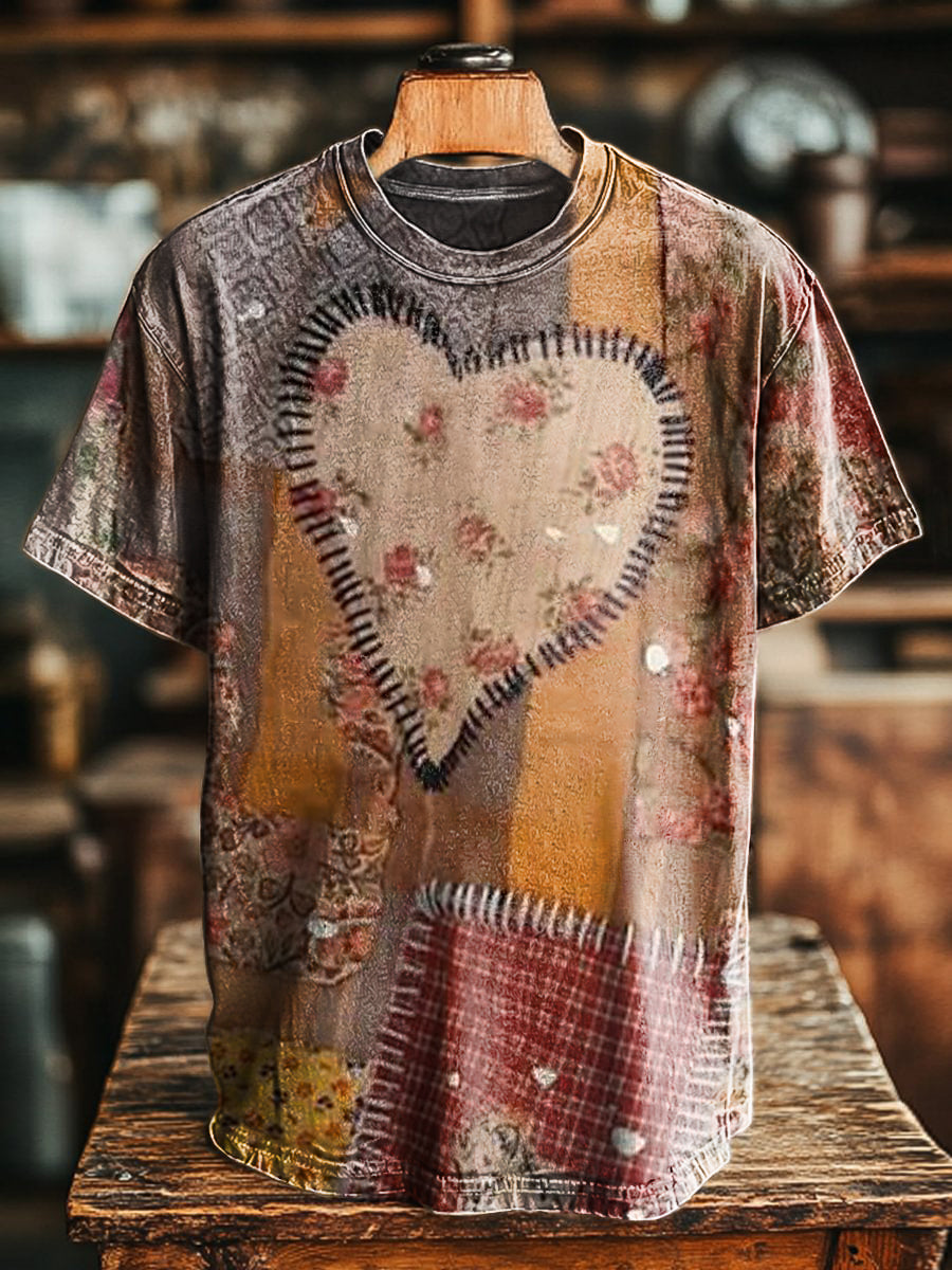 Unisex Vintage Heart Pattern Art Printed Casual Round Neck Short Sleev