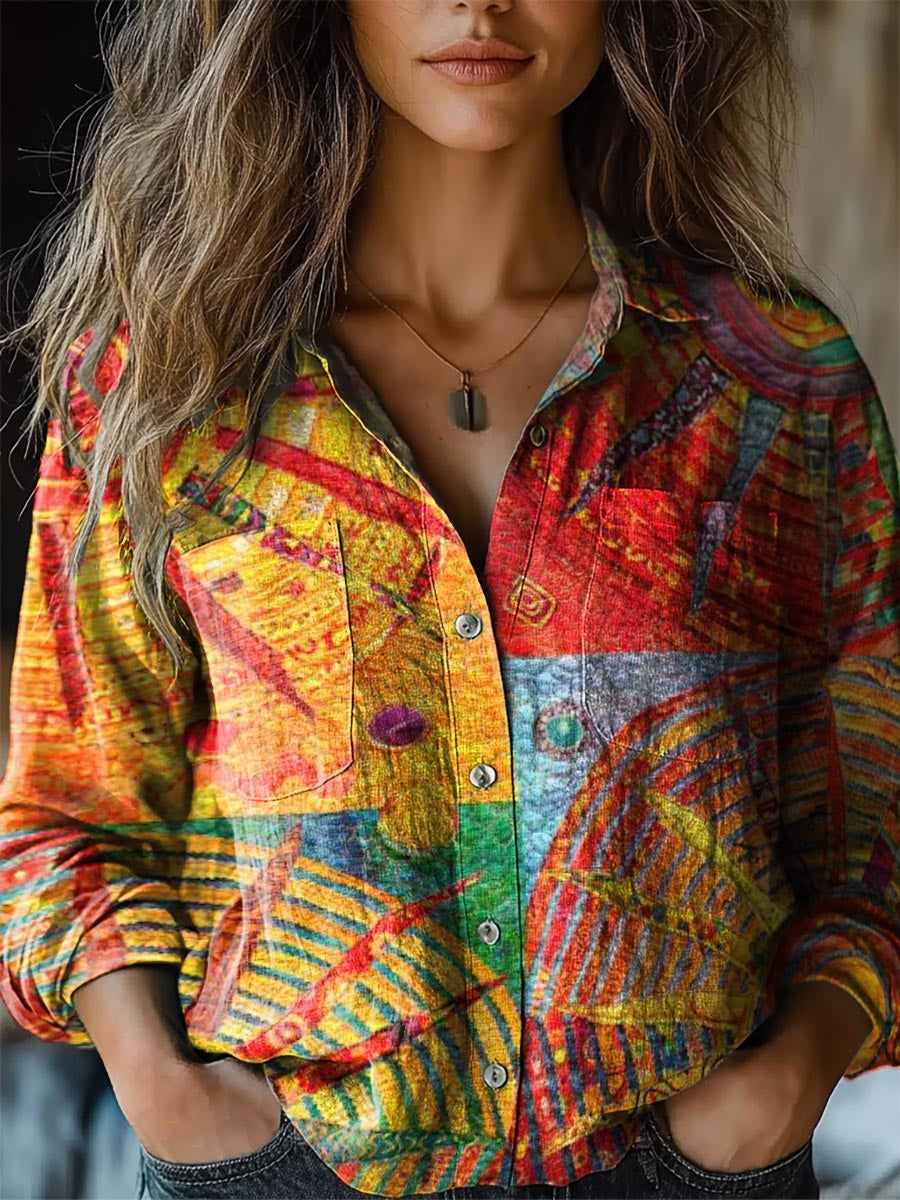 Women's Bohemian Sun Collage Art Pattern Print Casual Long Sleeve Comf