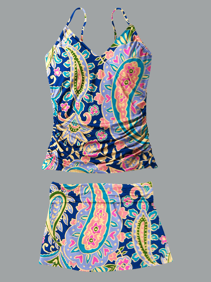 V-Neck Paisley Flowers Print Suspender Skirt Tankini Pantskirt Set Swimsuit