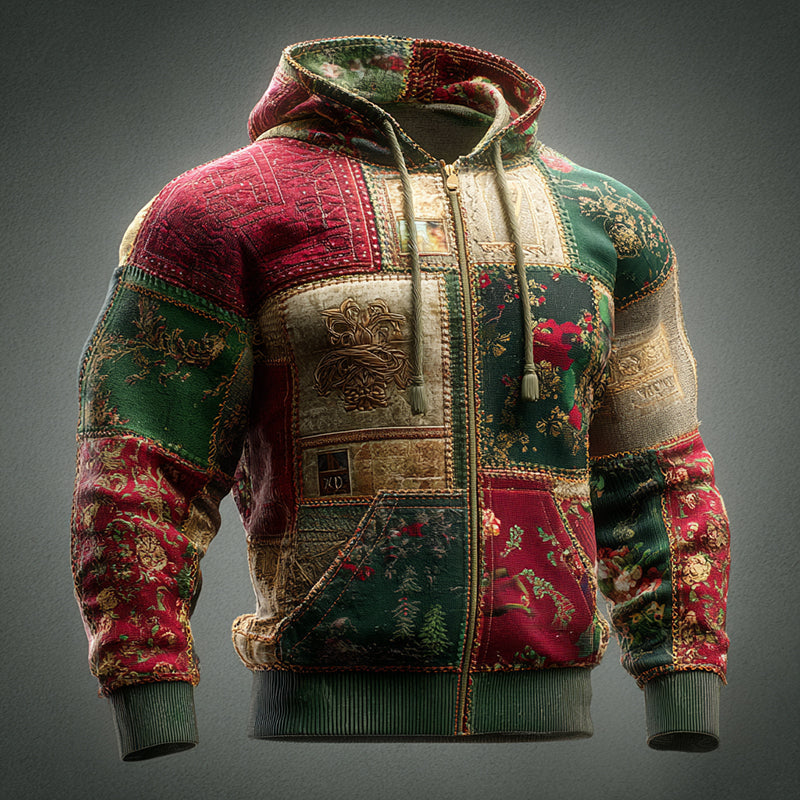Comstylish Men's Christmas Themed Patchwork Zip Hoodie