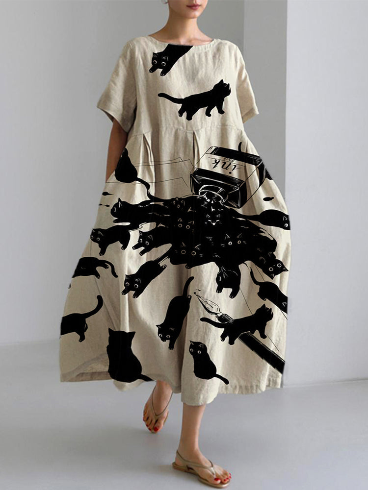 Japanese Art Cat Print Cotton Blend Dress elevenforest
