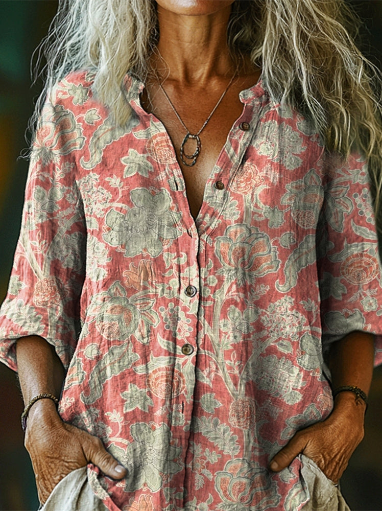 Women's Bohemian Vintage Folk Floral Art Pattern Print Casual Cotton L