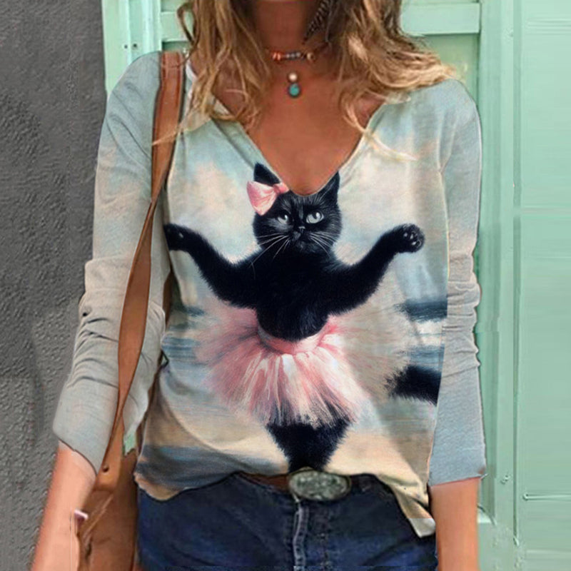 Ballet Black Cat Print Women'S T-Shirt elevenforest