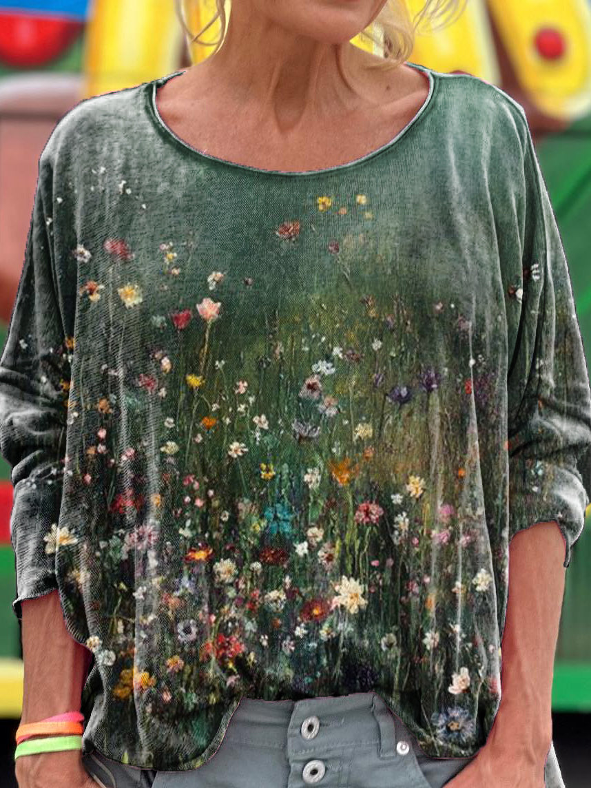 Women's Vintage Floral Art Print Casual Long Sleeve T-shirt