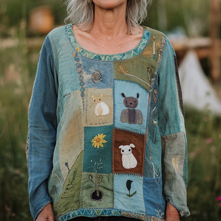 Vintage Funny Animals Patchwork Art Linen Blend Women's Tops artswardrobe