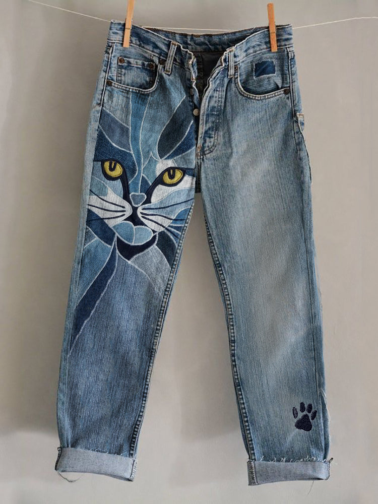 Cat Face Geometric Patchwork Paw Print Embroidered Washed Jeans elevenforest