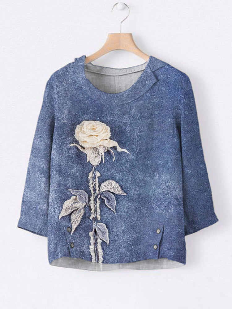 Botanical Floral Art Print Women's Linen Lapel Shirt