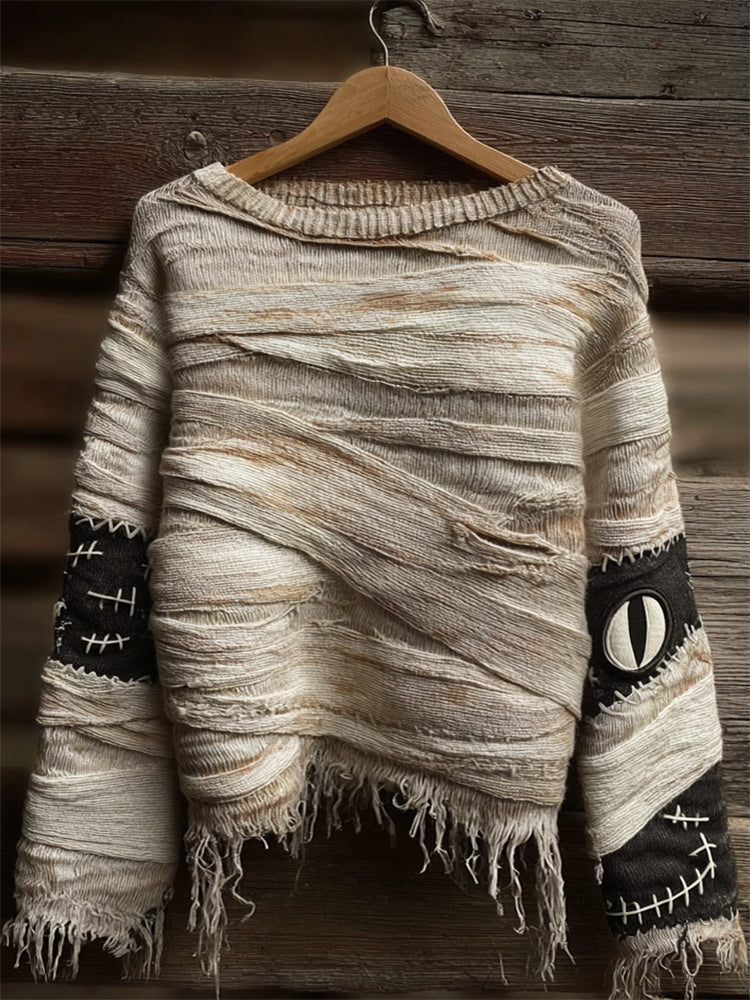Halloween Spooky Peeking Mummy Bandages Cozy Knit Sweater artswardrobe