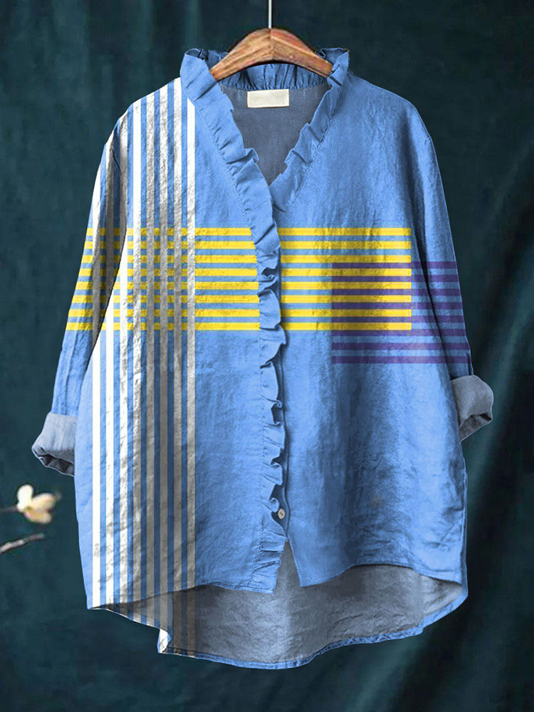 Comstylish Abstract Art Striped Pattern Linen Blend Shirt