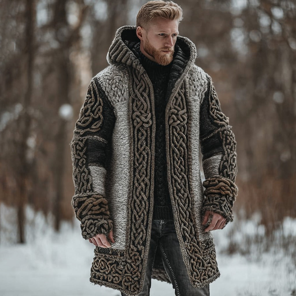 Men's Viking Celtic Knot Chunky Knit Colorblock Cozy Hooded Cardigan artswardrobe