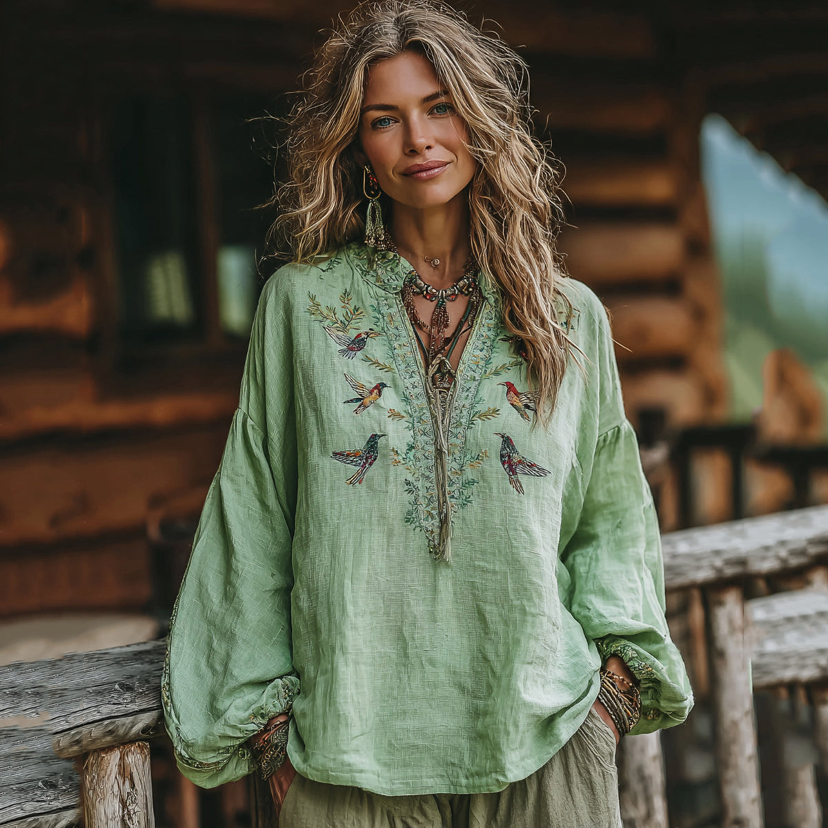 Women's Vacation Boho Floral And Birds Print Linen Blend Tops elevenforest