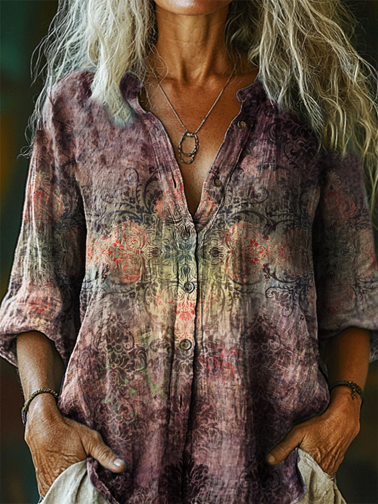Women's Vintage Bohemian Floral Art Print Casual Cotton Linen Shirt