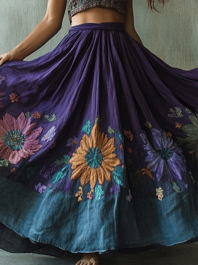 Women's Vintage Floral Embroidered Art Linen Blend Skirt