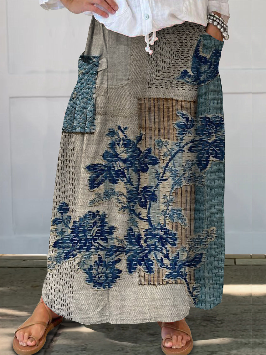 Vintage Floral Patchwork Pattern Art Print Linen Pocket Skirt