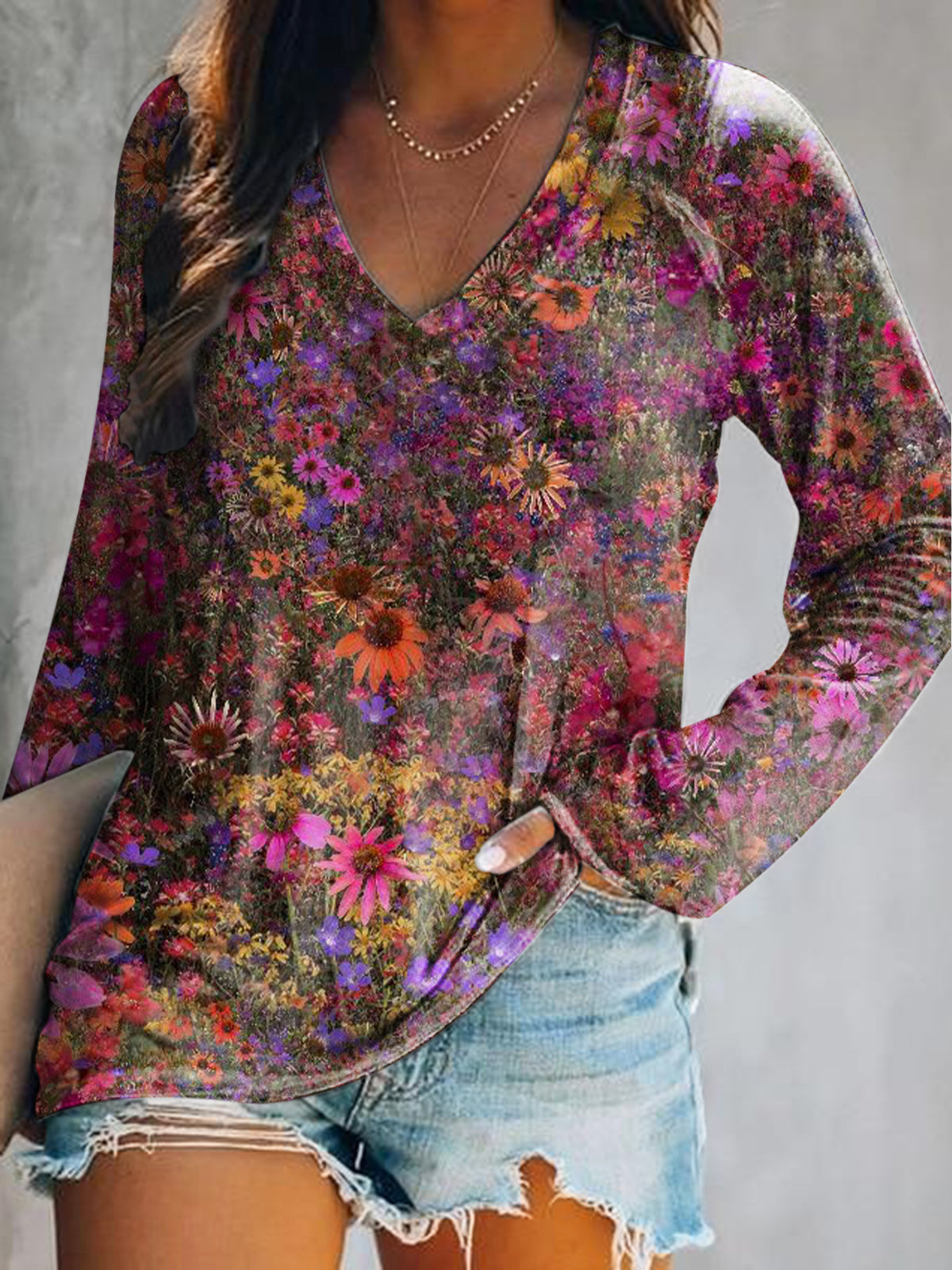 Women's Casual Vintage Floral Art Print V Neck Long Sleeve Tops