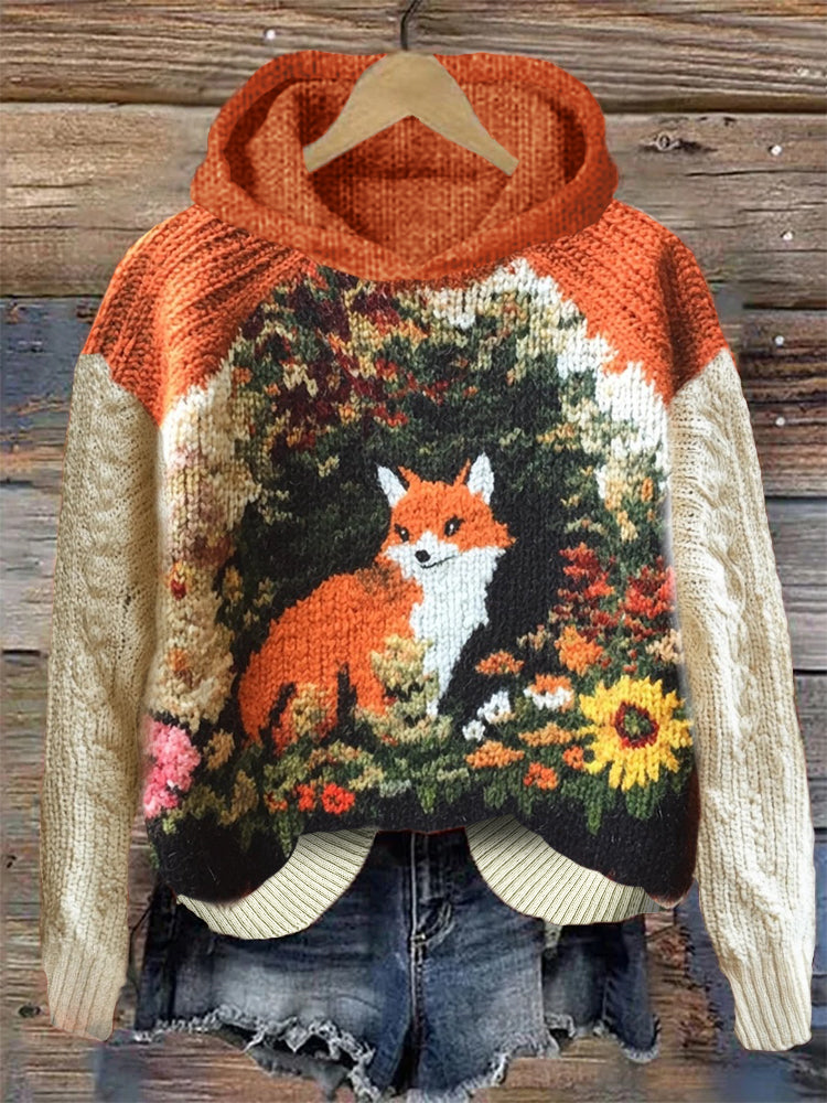 Fall Forest Fox & Flowers Knit Art Cozy Hooded Sweater artswardrobe