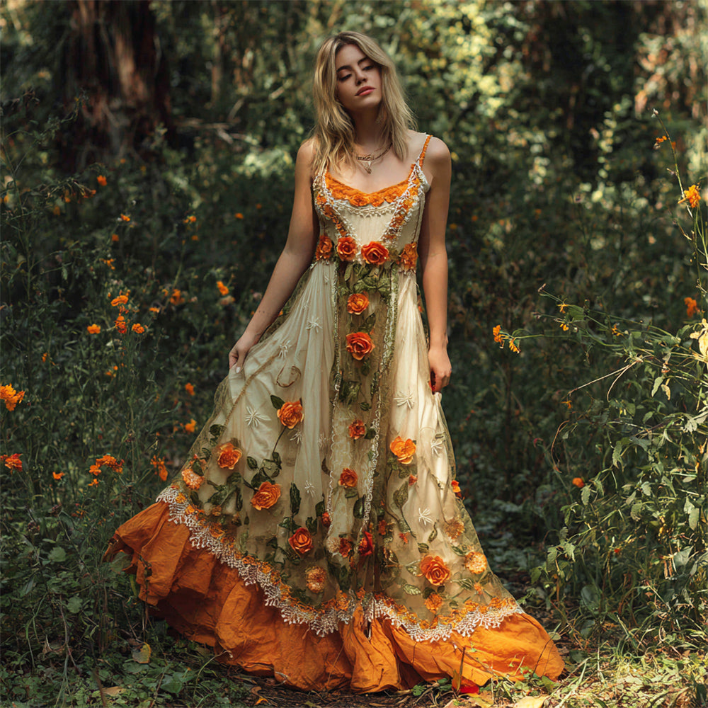 Fall Vinatge Floral Embroidery Women's V-neck Flowing Spaghetti Strap Maxi Dress artswardrobe