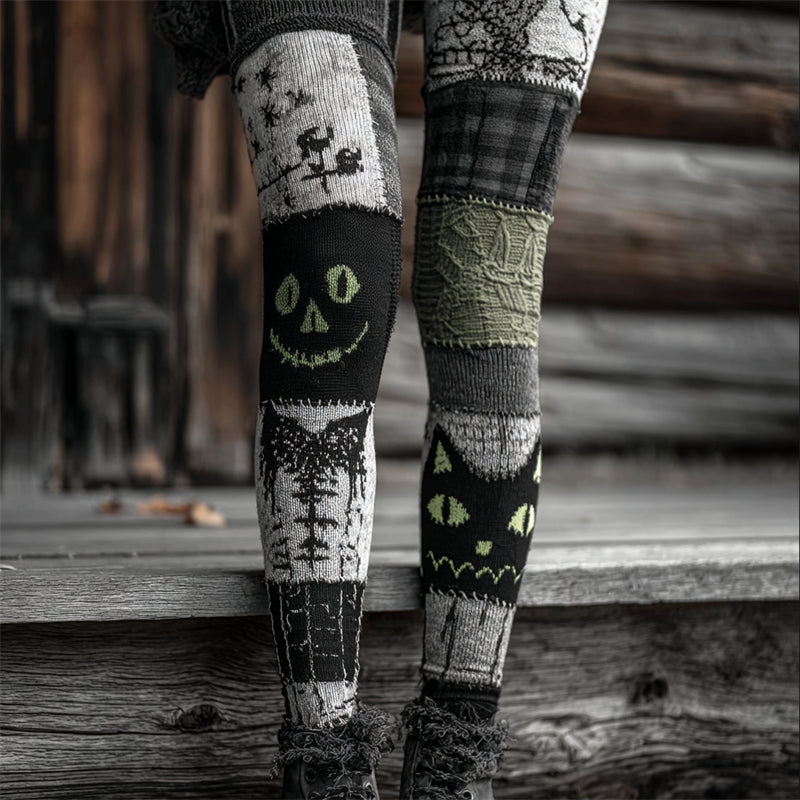 Halloween Black Cat Colorblock Patchwork Cozy Knit Leggings