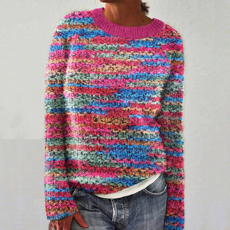 Women'S Fashion Colorful Jacquard Knitted Crew Neck Sweater artswardrobe