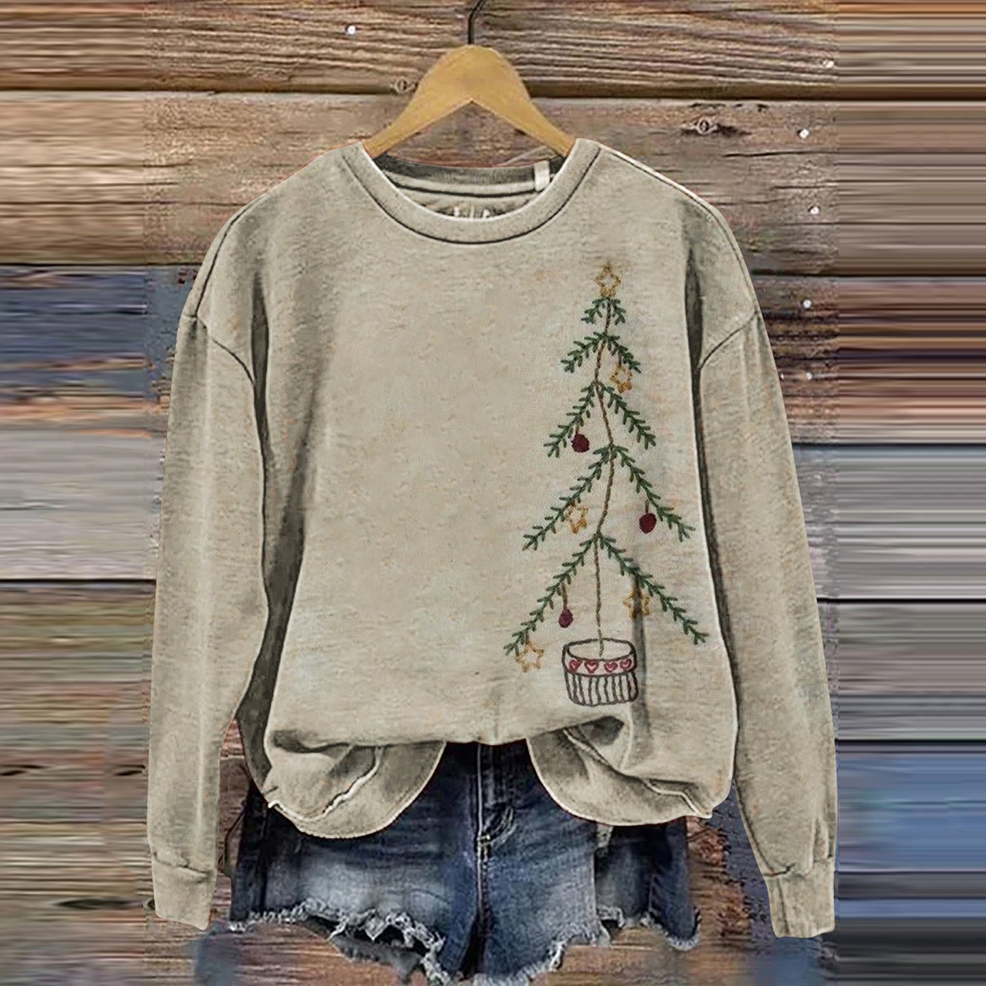 Comstylish Vintage Christmas Tree Print Sweashirt