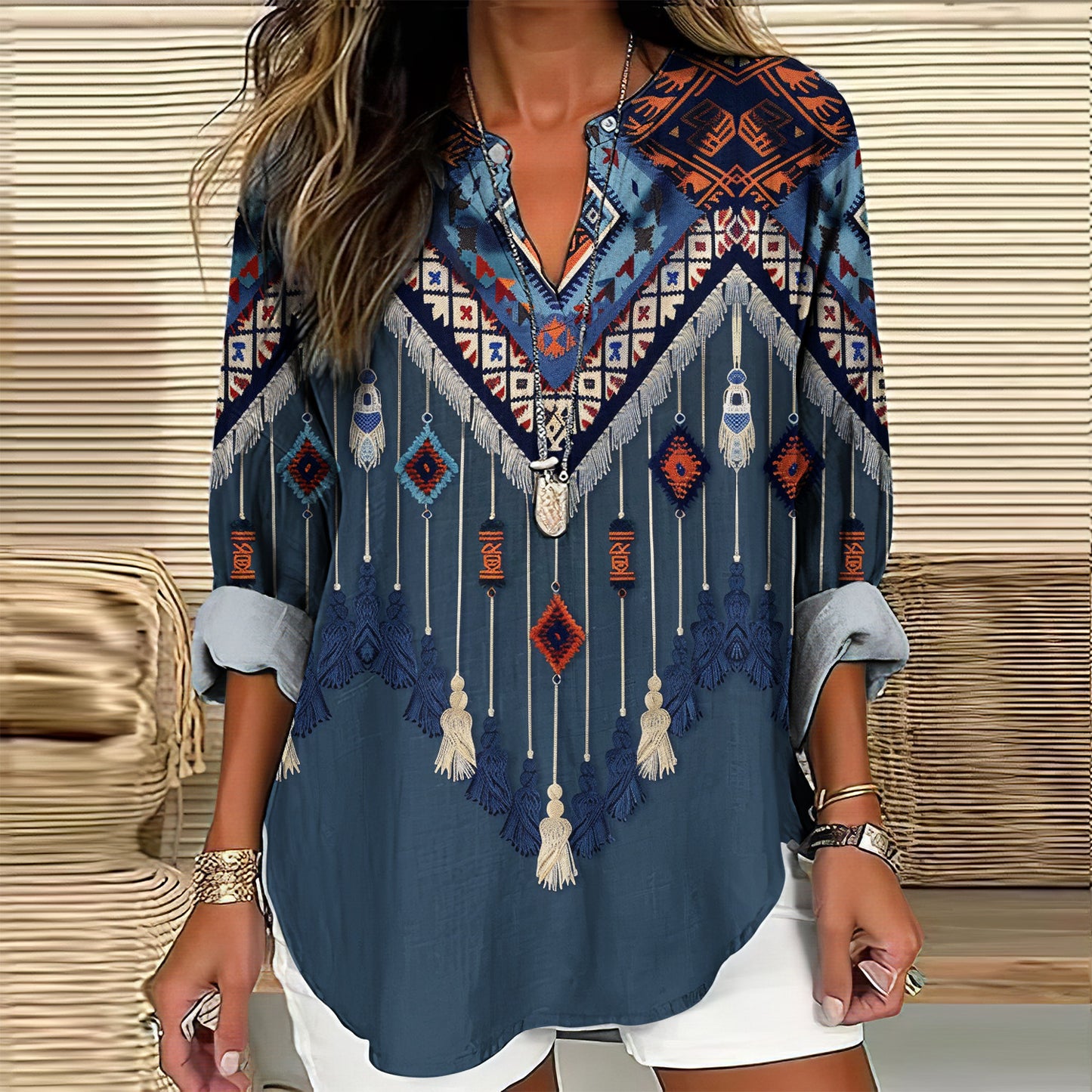 Comstylish Western Ethnic Fringe Print V-Neck Long Sleeved Shirt