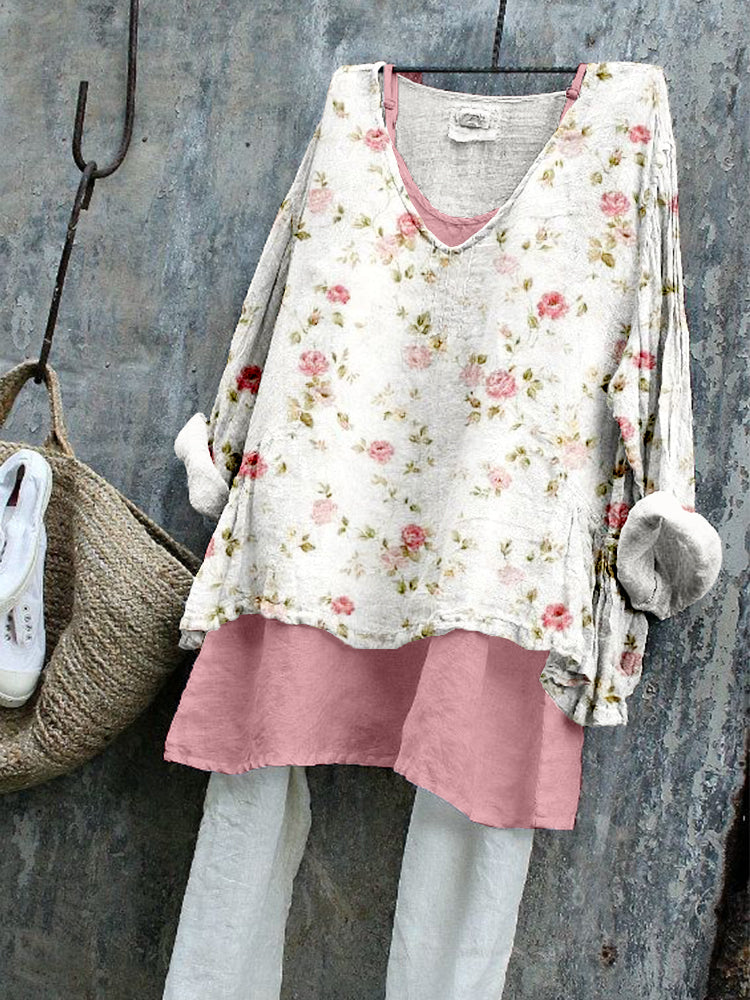 Comstylish Vintage Cottagecore Floral Pattern Linen Blend Tunic
