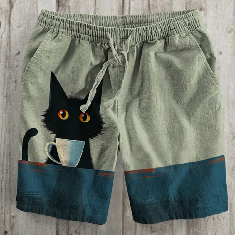 Retro Japanese Cat Coffee Art Print Casual Shorts elevenforest
