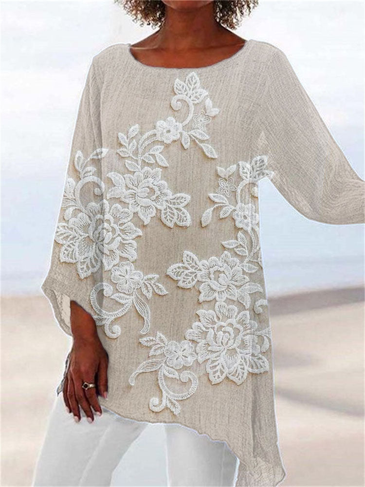 Comstylish Vintage Floral Lace Embroidered Linen Blend Flowy Tunic