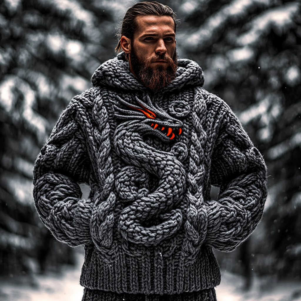 Men's Dragon Viking Celtic Chunky Knit Hooded Sweater elevenforest