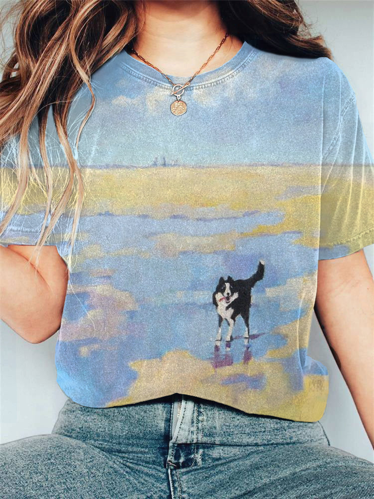 Comstylish Women's Casual Collie Oil Painting Printing T-shirt