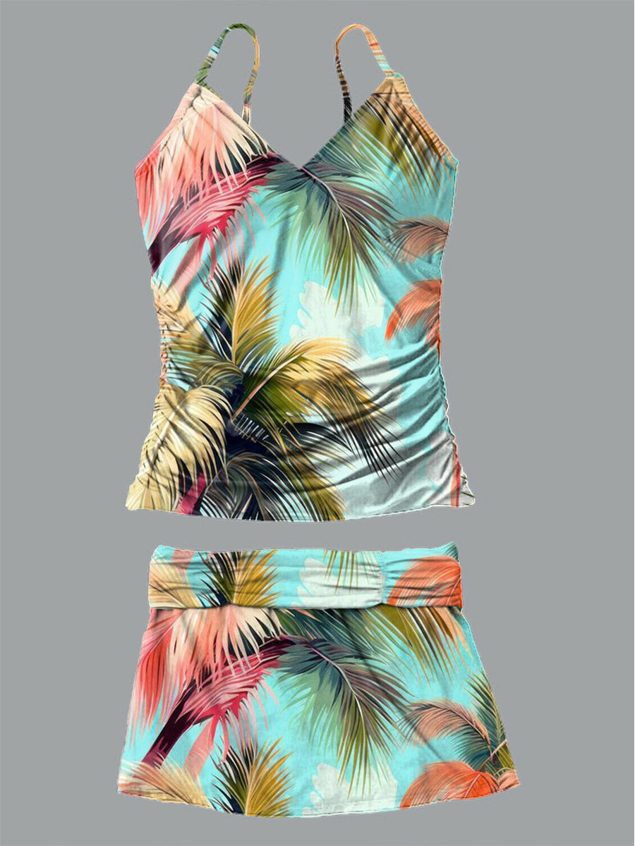 Women's Hawaiian Printed Suspender Shirred Swimsuit Set