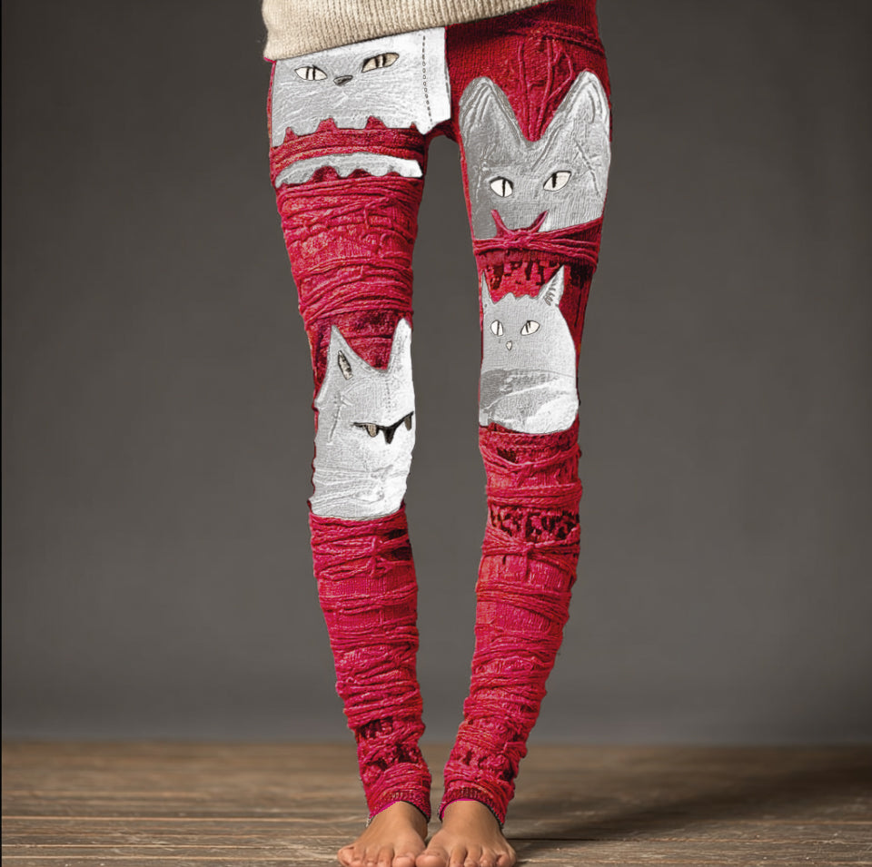 Halloween Fun Cat Design Women's Knitted Leggings elevenforest