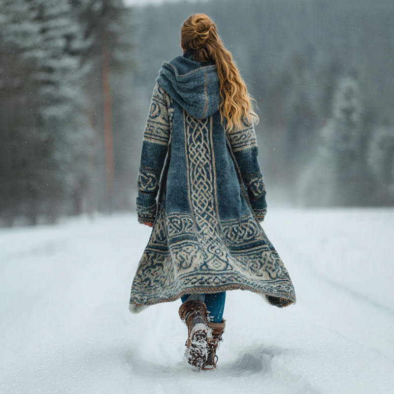 Women's Vintage Viking Celtic Knot Art Print Cozy Knit Hooded Cardigan