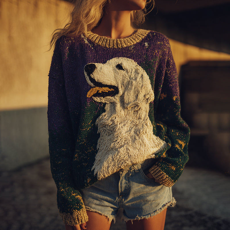 Fuzzy Golden Retriever Dog Family Felt Cozy Knit Sweater artswardrobe