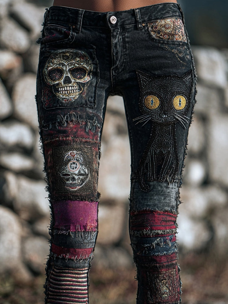 Vintage Skull & Cat Embroidered Patchwork Skinny Jeans elevenforest