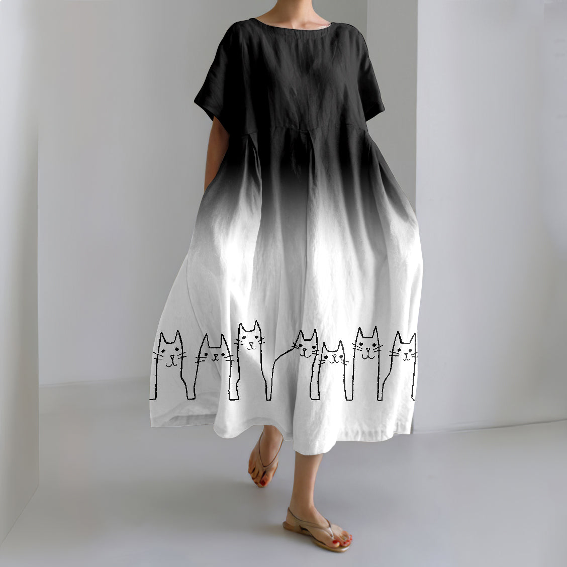 Women's Abstract Line Cat Gradient Art Linen Blend Maxi Dress elevenforest