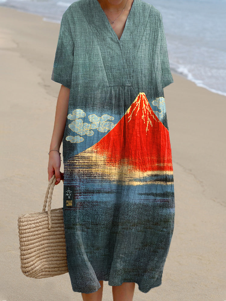 Women's Japanese Art Mount Fuji Print Linen Blend Dress