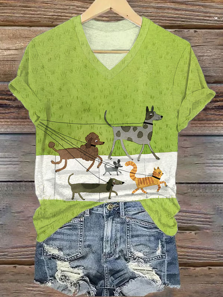 Comstylish Women's Casual Dog And Cat Walking Pattern Printed Short-sleeved T-shirt