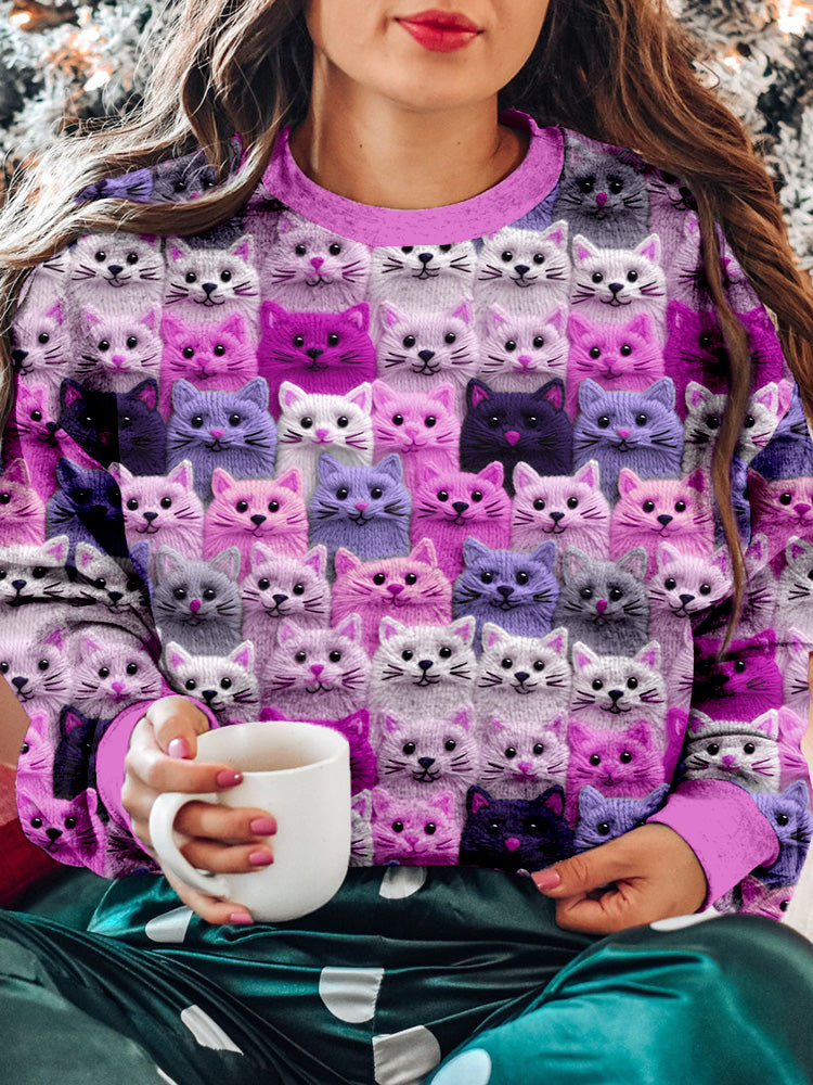 Colorful Cute Cats Embroidered Crew Neck Sweatshirt elevenforest