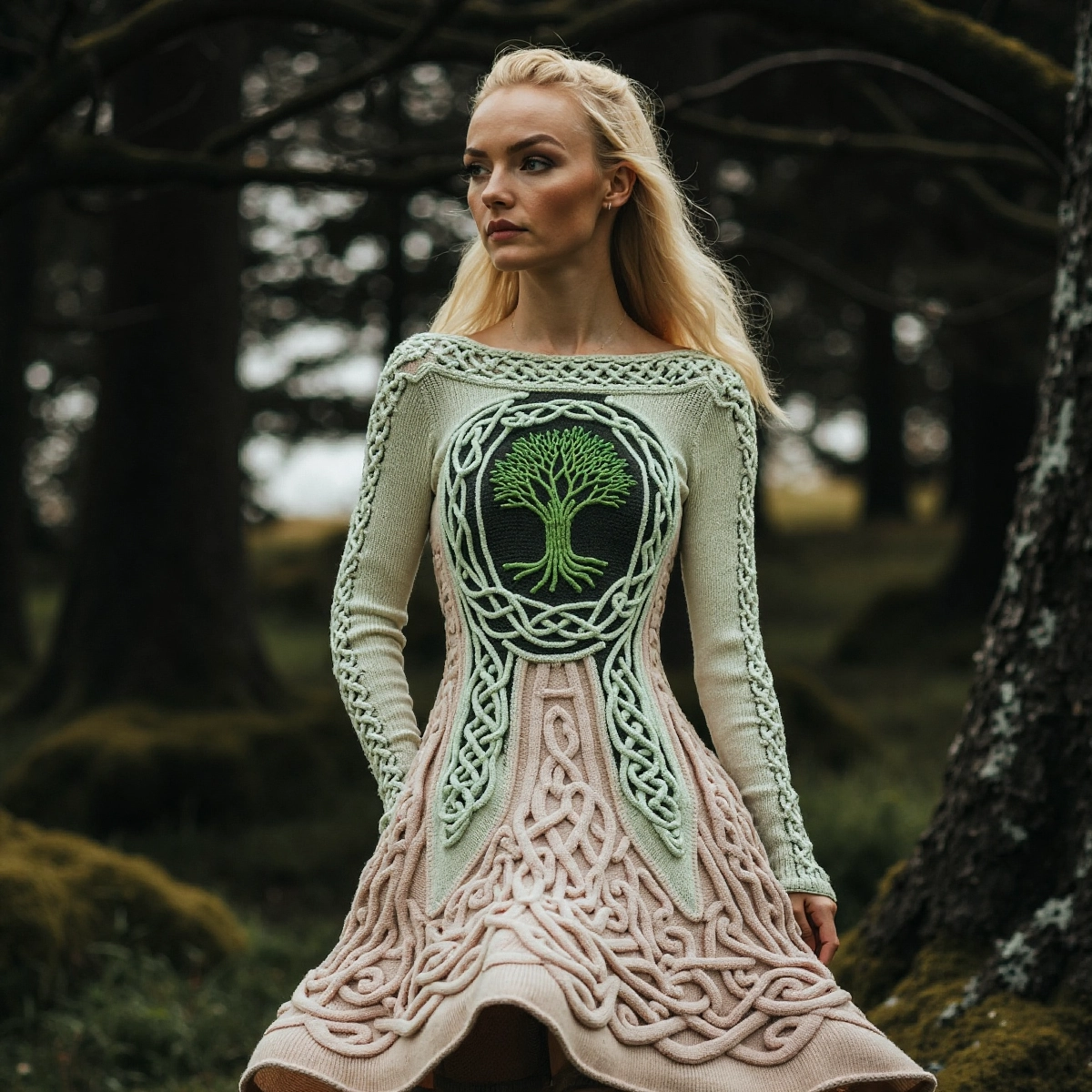 Women's Irish Celtic Tree Of Life Jacquard Retro Sweater Dress artswardrobe